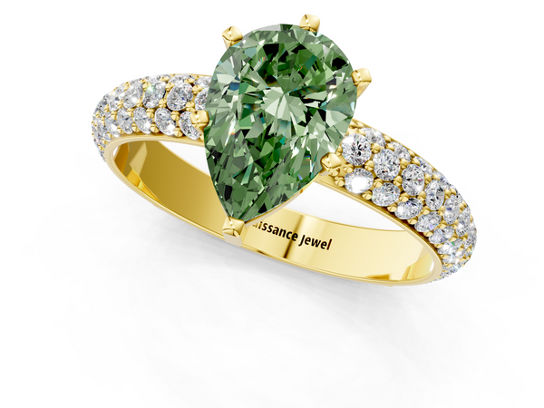Yellow gold Fancy Green Pear  Diamond Solitaire Ring with Prong Setting and Pavé Band