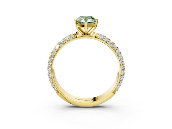 Yellow gold Fancy Green Pear  Diamond Solitaire Ring with Prong Setting and Pavé Band