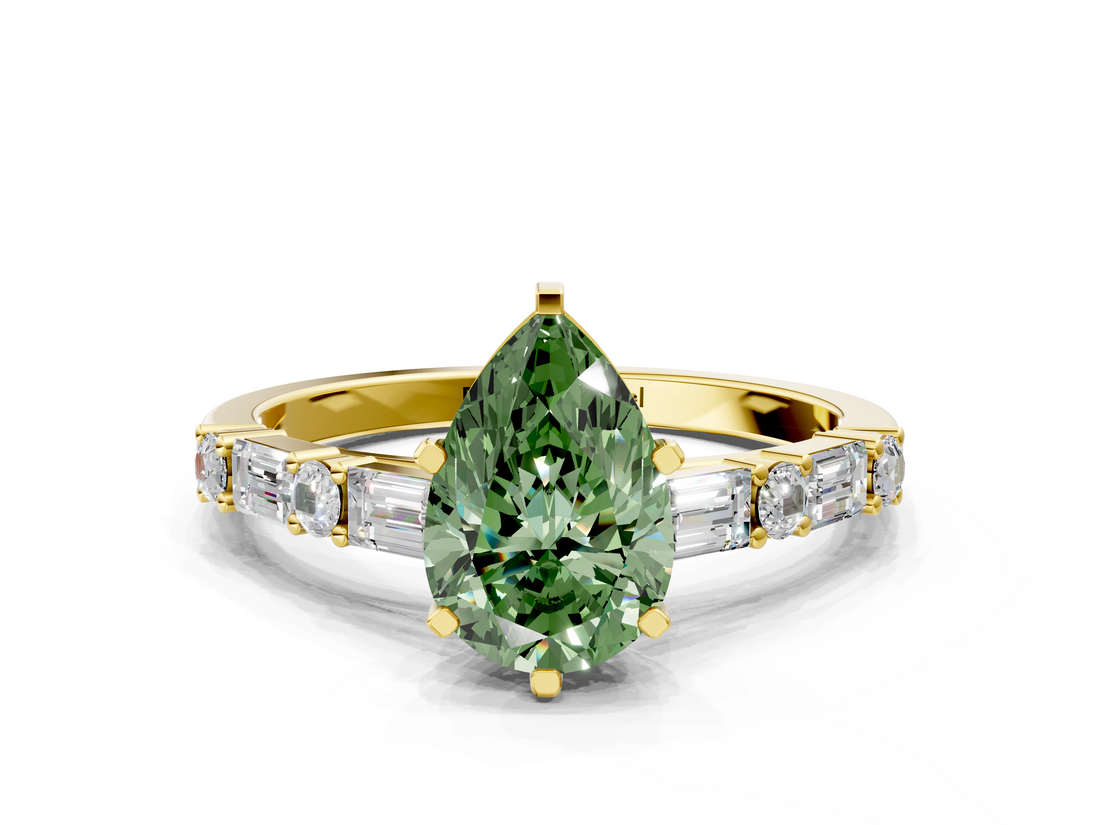 Yellow gold Fancy Green Pear  Solitaire with Side Baguettes and Channel Set Band_59