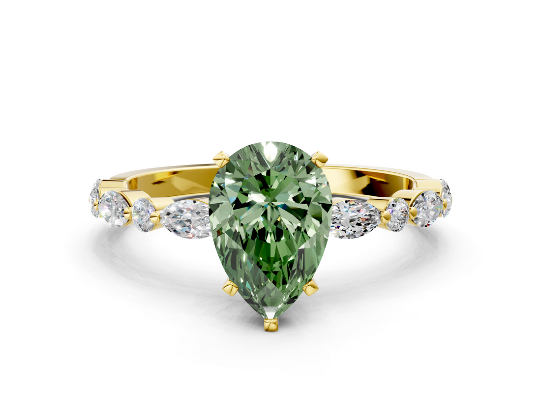 Yellow gold Fancy Green Pear  Solitaire with Side Stones on a Pavé Band and Four-Prong Setting_23