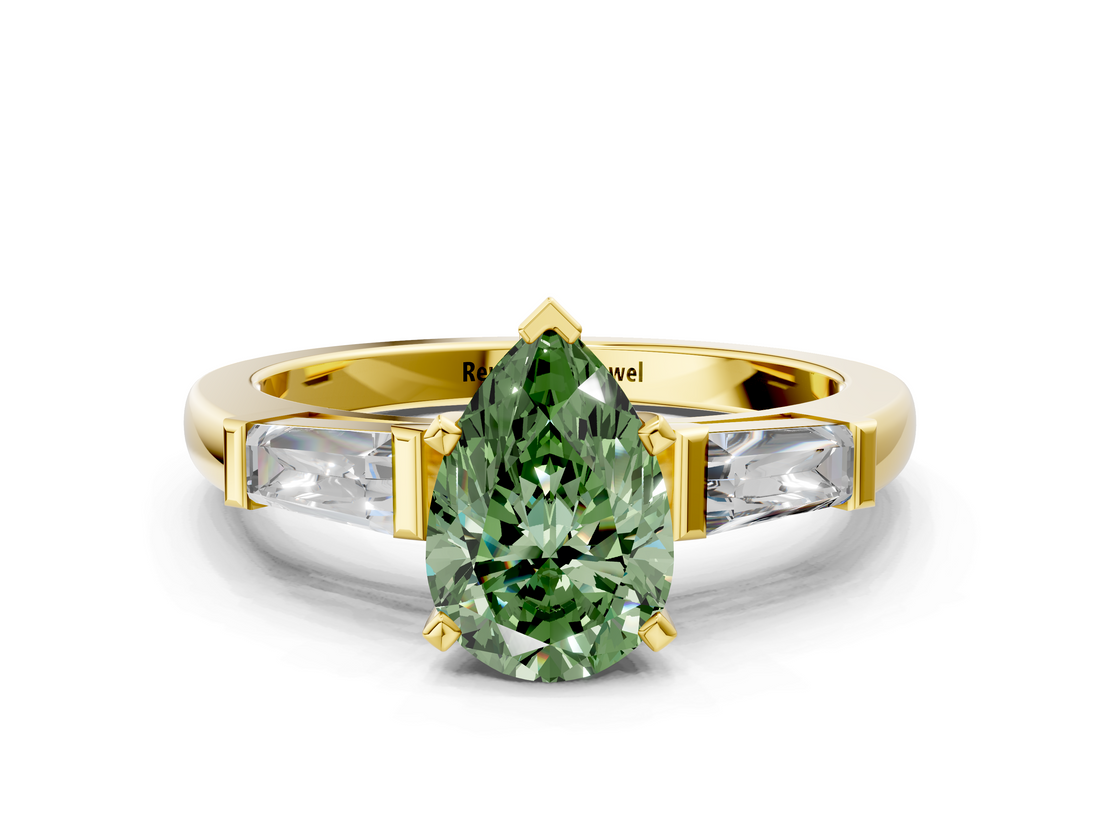 Yellow gold Fancy Green Pear  Solitaire with Tapered Baguette Side Stones on a Classic Band with Four-Prong Setting_56