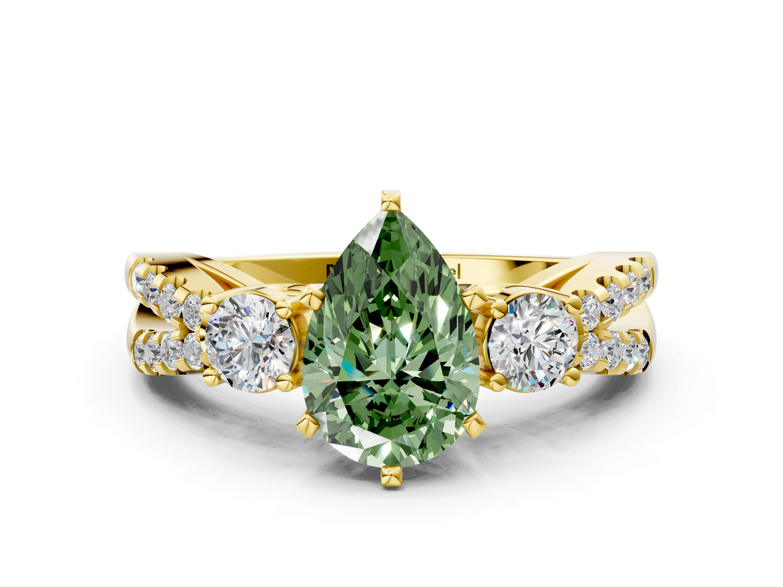 Yellow gold Fancy Green Pear  Three-Stone Diamond Ring with Pavé Split Shank and Four-Prong Setting_62