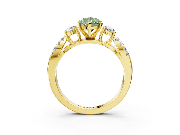 Yellow gold Fancy Green Pear Cut Diamond Three-Stone Ring with Pavé Split Shank and Four-Prong Setting
