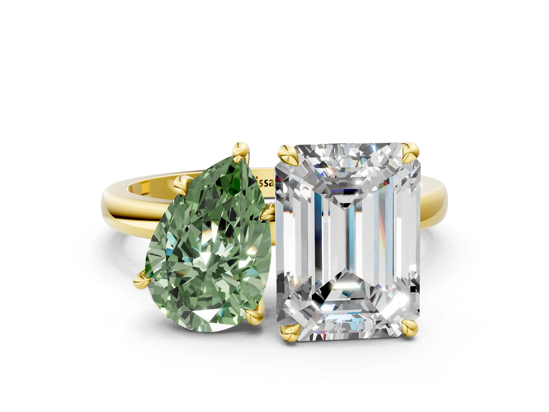Yellow gold Fancy Green Pear  and Emerald Cut Toi Moi Ring with Prong Setting_63