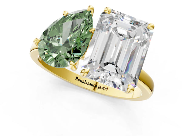 Yellow gold Fancy Green Pear  and Emerald Cut Toi Moi Ring with Prong Setting