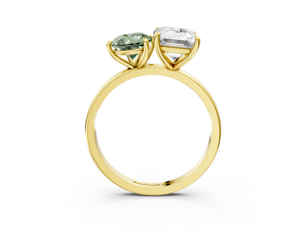 Yellow gold Fancy Green Pear  and Emerald Cut Toi Moi Ring with Prong Setting