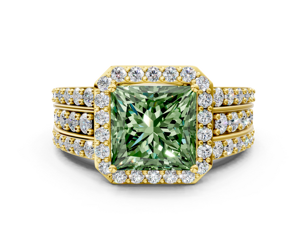 Yellow Gold Princess Cut Triple-Row Pave Halo Engagement Ring Setting for Fancy Green Center