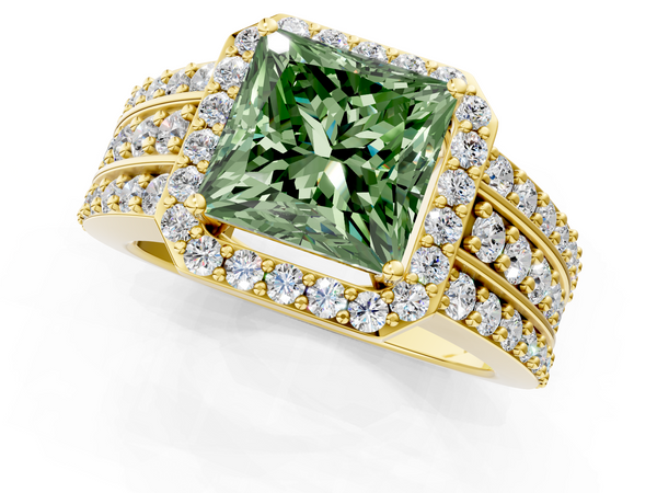 Yellow Gold Princess Cut Triple-Row Pave Halo Engagement Ring Setting for Fancy Green Center