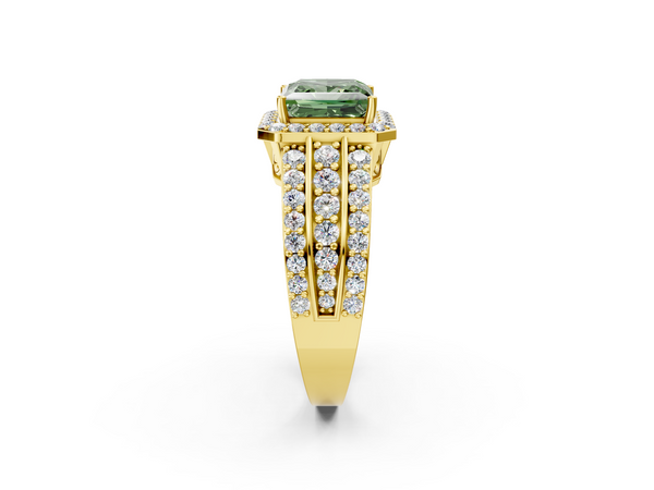 Yellow Gold Princess Cut Triple-Row Pave Halo Engagement Ring Setting for Fancy Green Center
