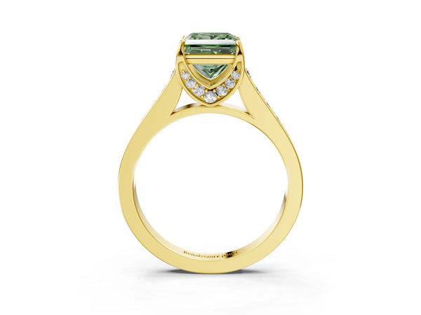 Yellow gold Fancy Green Princess  Brilliant Cut Diamond Engagement Ring with Pavé Band and Four-Prong Setting