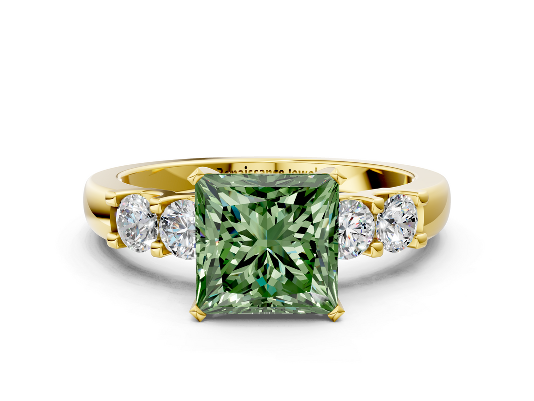 Yellow gold Fancy Green Princess  Brilliant Cut Diamond Five-Stone Prong Set Engagement Ring with Channel Band