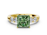 Yellow gold Fancy Green Princess  Brilliant Cut Diamond Five-Stone Prong Set Engagement Ring with Channel Band
