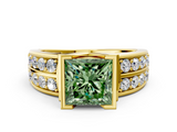 Yellow gold Fancy Green Princess  Brilliant Diamond Channel Set Wide Band Ring with Bezel Setting