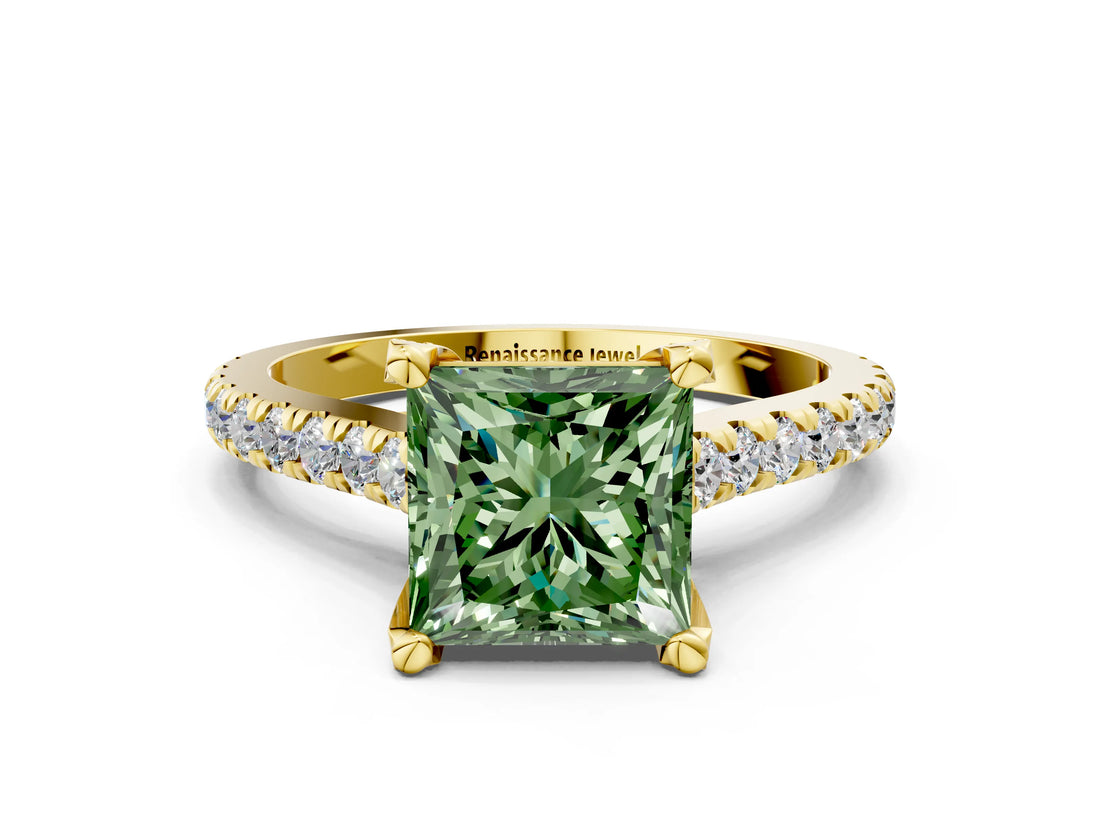 Yellow gold Fancy Green Princess  Brilliant Diamond Solitaire with Pavé Band and Four-Prong Setting