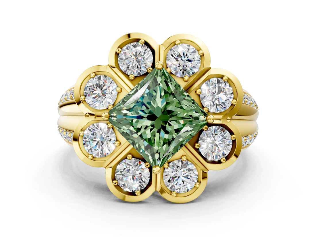 Yellow gold Fancy Green Princess  Brilliant Flower Halo Diamond Split Shank Ring_81