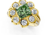 Yellow gold Fancy Green Princess  Brilliant Flower Halo Diamond Split Shank Ring_82