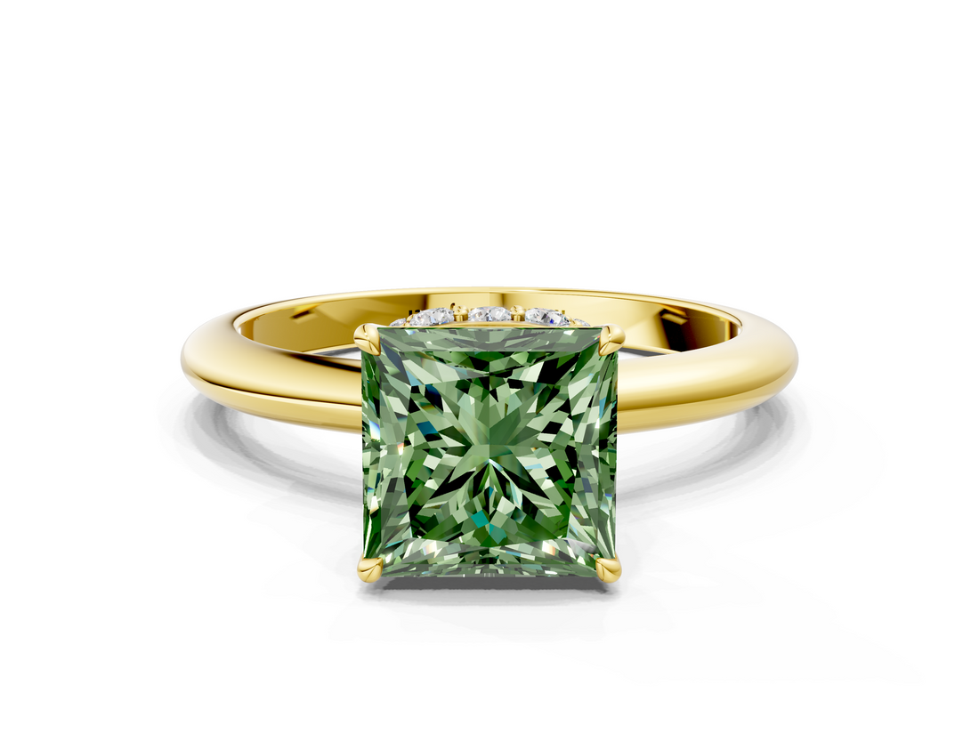 Yellow gold Fancy Green Princess  Brilliant Solitaire Engagement Ring with Six-Prong Setting and Classic Band