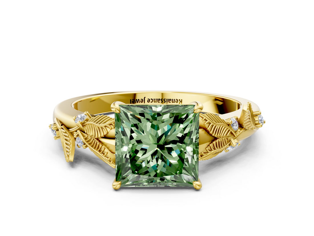 Yellow gold Fancy Green Princess  Brilliant Solitaire with Leaf Motif Band and Four-Prong Setting_35