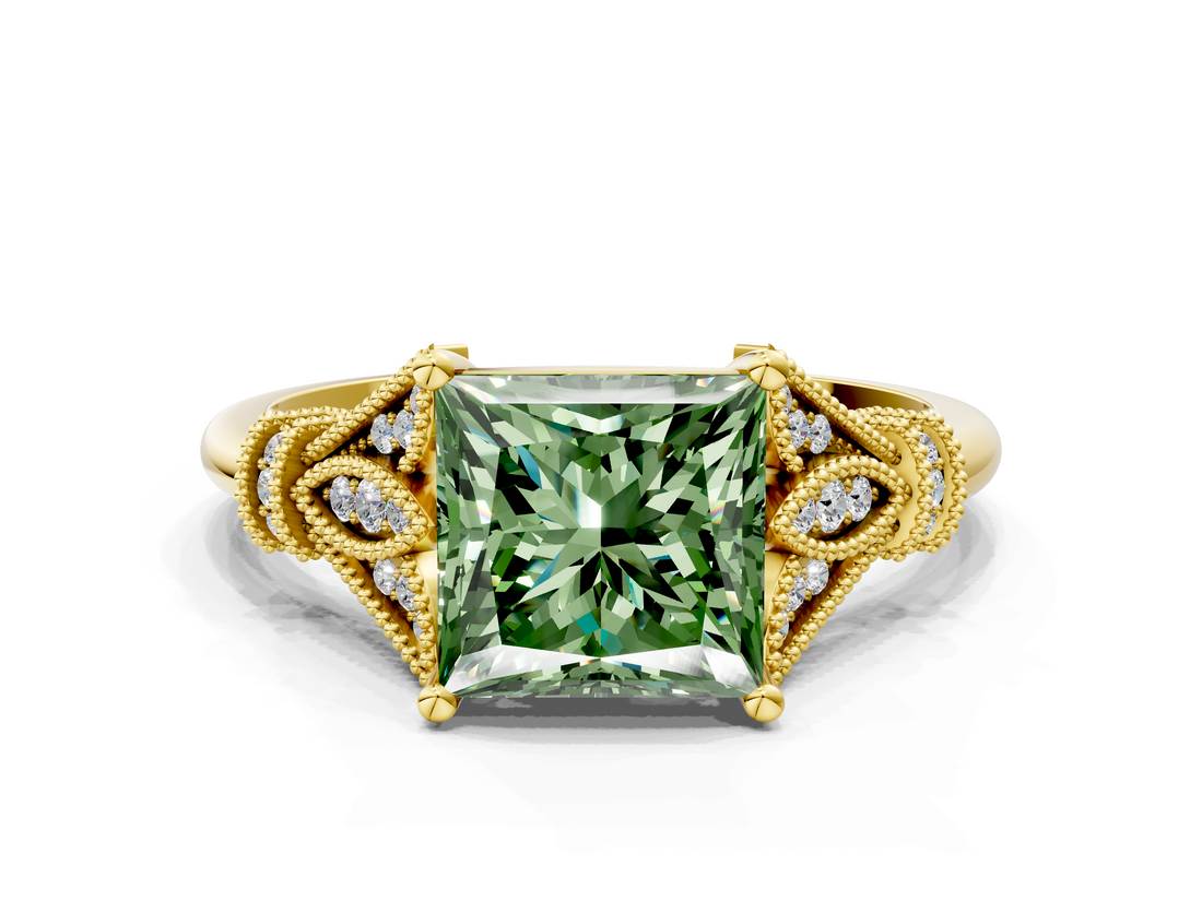 Yellow gold Fancy Green Princess  Brilliant Solitaire with Pave Band and Four-Prong Setting