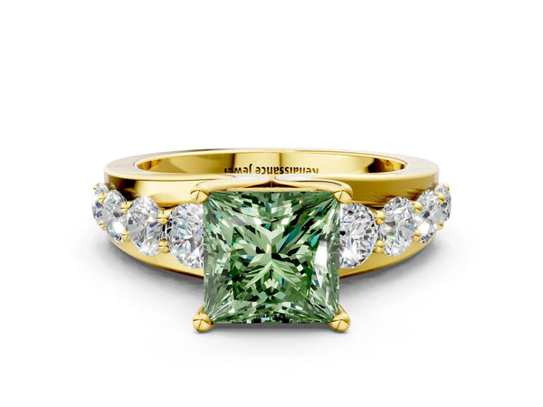 Yellow gold Fancy Green Princess  Brilliant Solitaire with Side Stones on a Pave Band and Four-Prong Setting