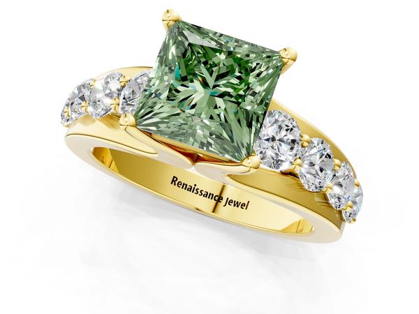 Yellow gold Fancy Green Princess  Brilliant Solitaire with Side Stones on a Pave Band and Four-Prong Setting