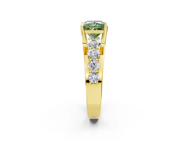 Yellow gold Fancy Green Princess  Brilliant Solitaire with Side Stones on a Pave Band and Four-Prong Setting
