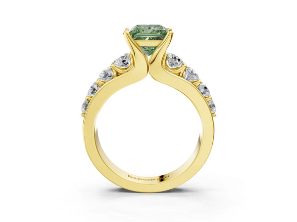 Yellow gold Fancy Green Princess  Brilliant Solitaire with Side Stones on a Pave Band and Four-Prong Setting