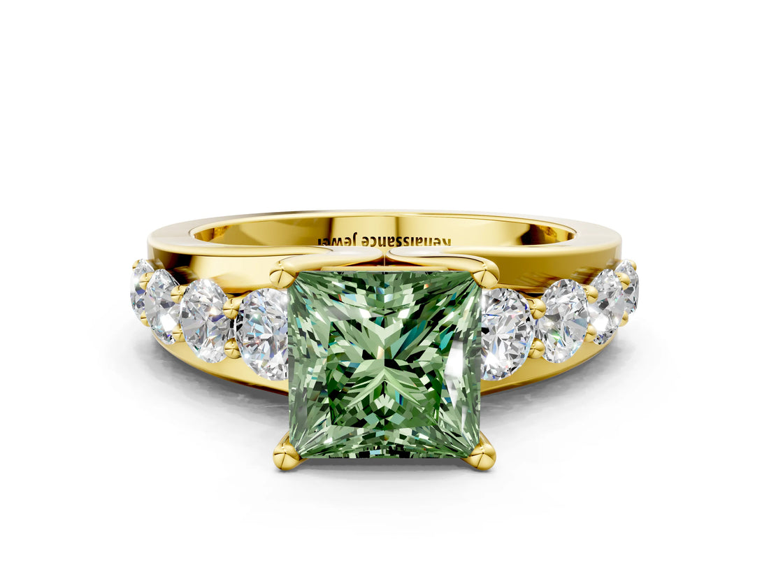 Yellow gold Fancy Green Princess  Brilliant Solitaire with Side Stones on a Pave Band and Four-Prong Setting_30