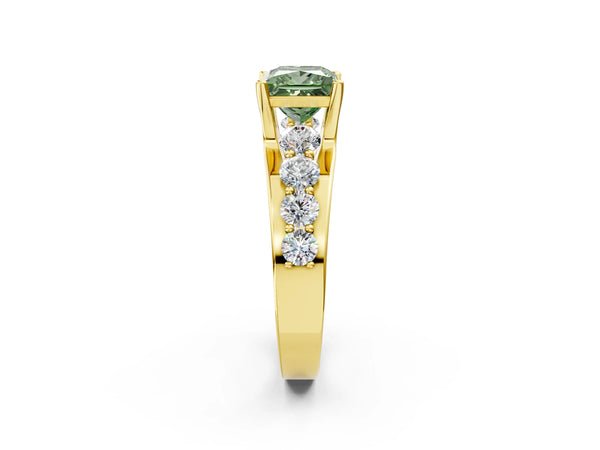 Yellow gold Fancy Green Princess  Brilliant Solitaire with Side Stones on a Pave Band and Four-Prong Setting