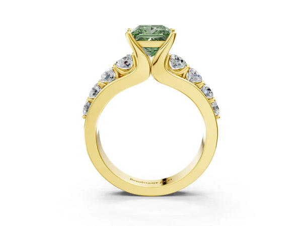 Yellow gold Fancy Green Princess  Brilliant Solitaire with Side Stones on a Pave Band and Four-Prong Setting