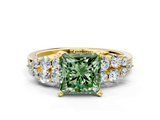 Yellow gold Fancy Green Princess  Cluster Diamond Engagement Ring with Pavé Band and Four-Prong Setting