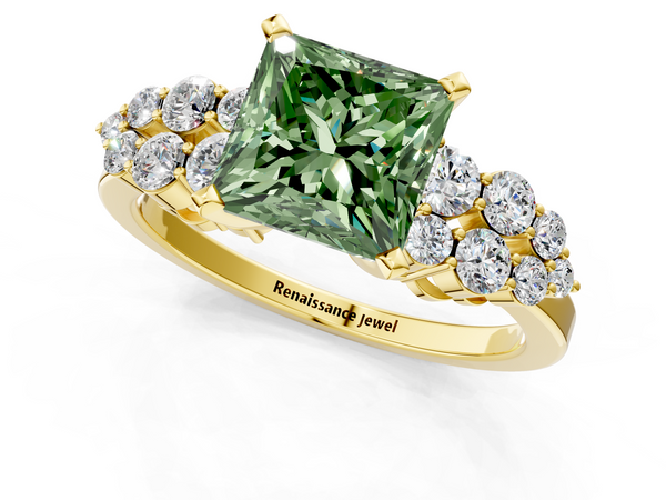 Yellow gold Fancy Green Princess  Cluster Diamond Engagement Ring with Pavé Band and Four-Prong Setting