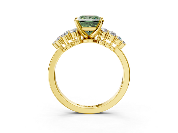 Yellow gold Fancy Green Princess  Cluster Diamond Engagement Ring with Pavé Band and Four-Prong Setting