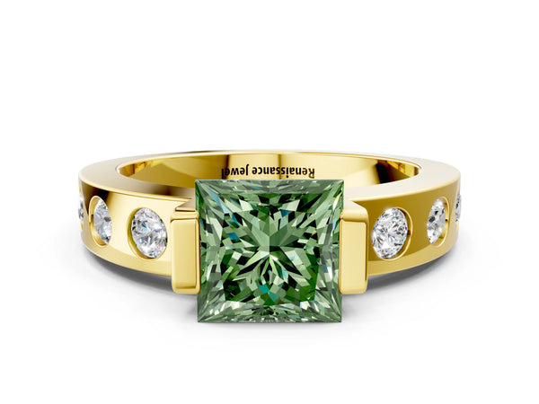 Yellow gold Fancy Green Princess Cut Brilliant Channel-Set Diamond Ring with Bezel Prong Setting
