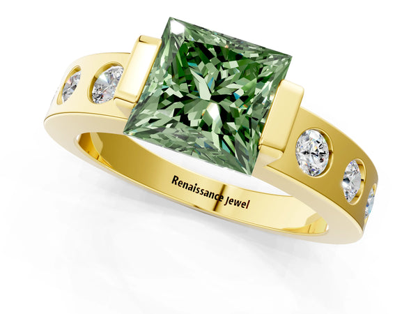Yellow gold Fancy Green Princess Cut Brilliant Channel-Set Diamond Ring with Bezel Prong Setting