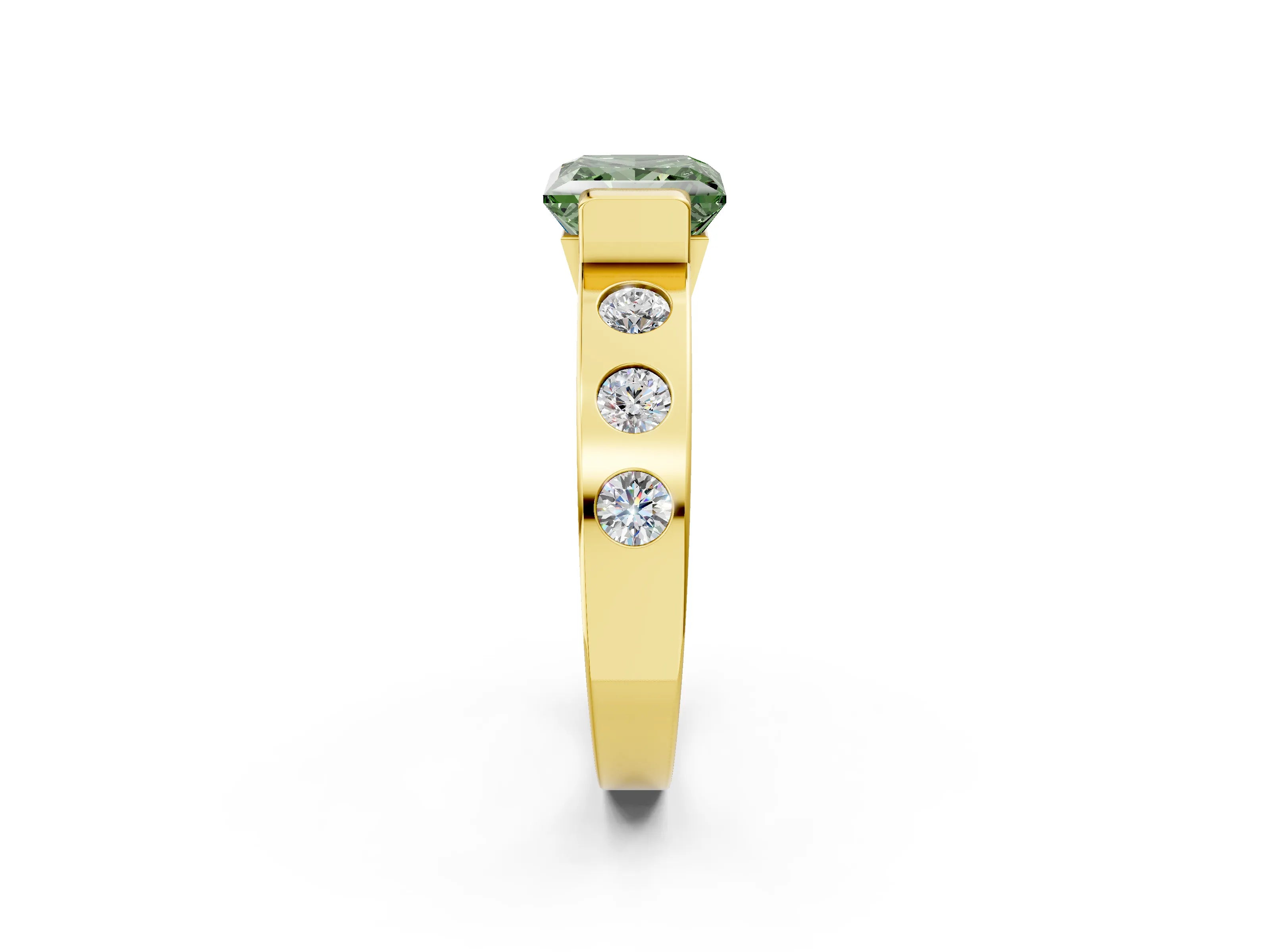 Yellow gold Fancy Green Princess Cut Brilliant Channel-Set Diamond Ring with Bezel Prong Setting_2