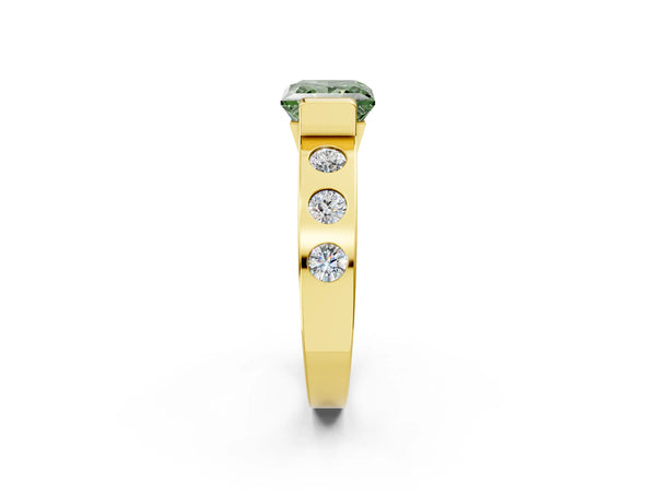 Yellow gold Fancy Green Princess Cut Brilliant Channel-Set Diamond Ring with Bezel Prong Setting
