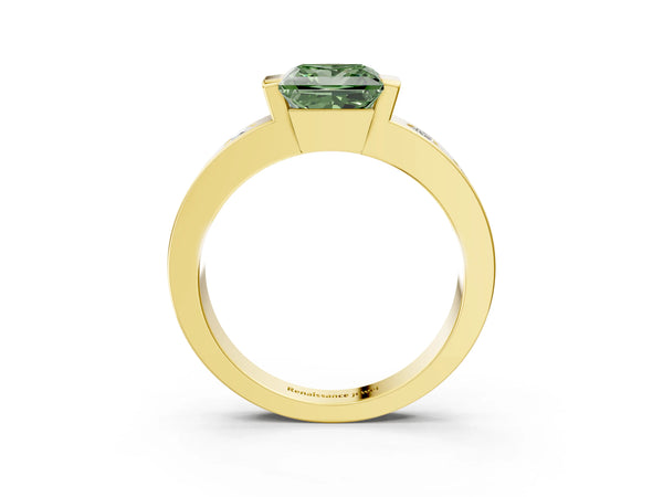 Yellow gold Fancy Green Princess Cut Brilliant Channel-Set Diamond Ring with Bezel Prong Setting