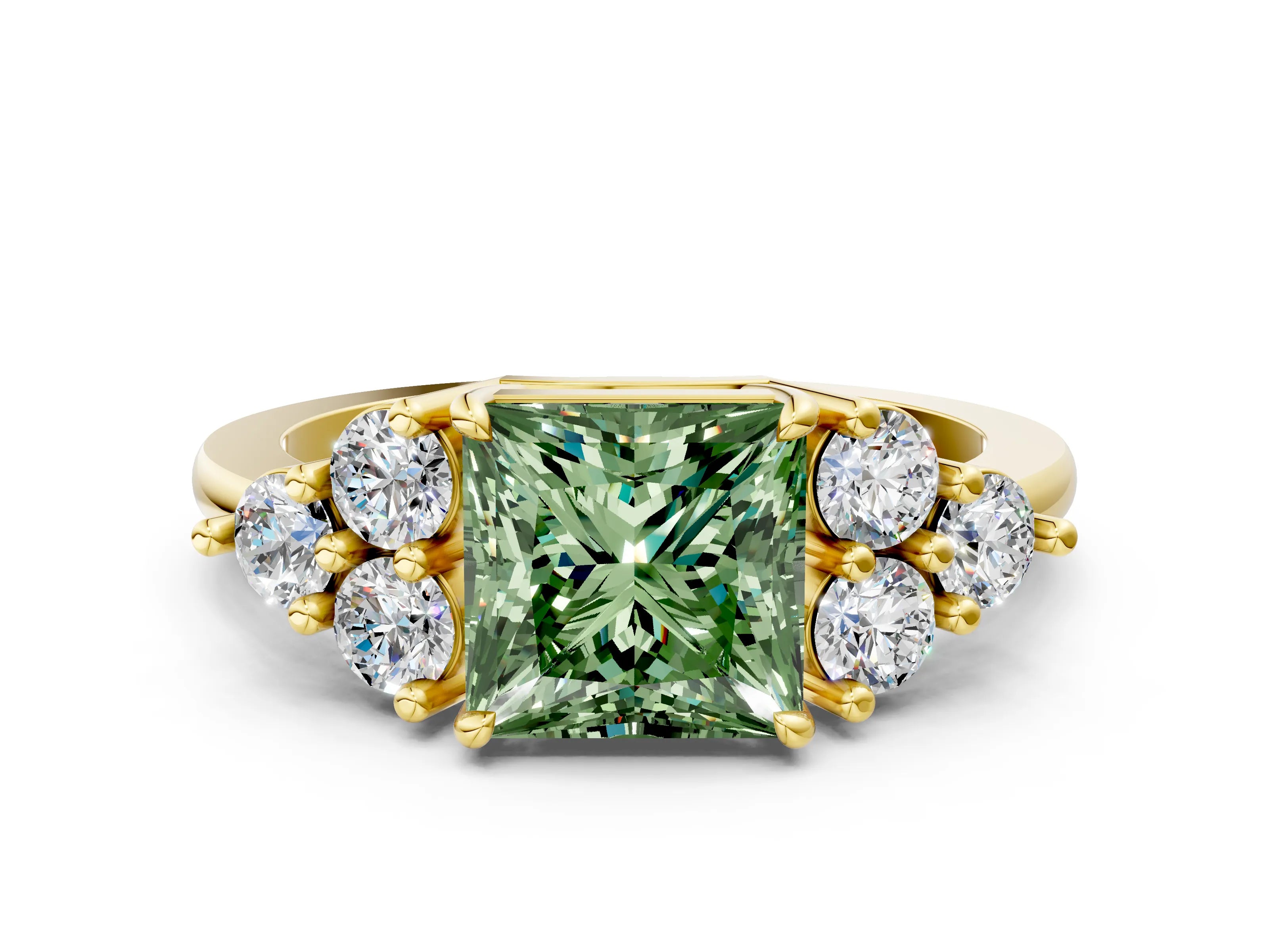 Yellow gold Fancy Green Princess Cut Brilliant Diamond Cluster Accent Solitaire Ring with Prong Setting