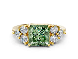 Yellow gold Fancy Green Princess Cut Brilliant Diamond Cluster Accent Solitaire Ring with Prong Setting