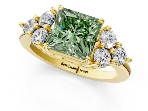 Yellow gold Fancy Green Princess Cut Brilliant Diamond Cluster Accent Solitaire Ring with Prong Setting_1
