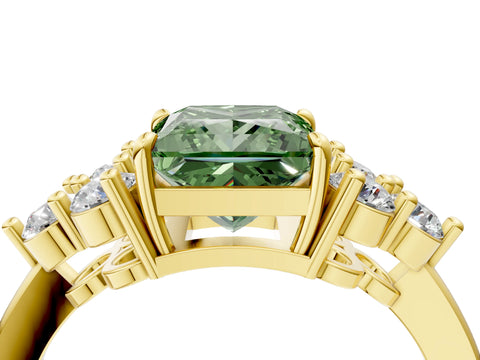 Yellow gold Fancy Green Princess Cut Brilliant Diamond Cluster Accent Solitaire Ring with Prong Setting_4