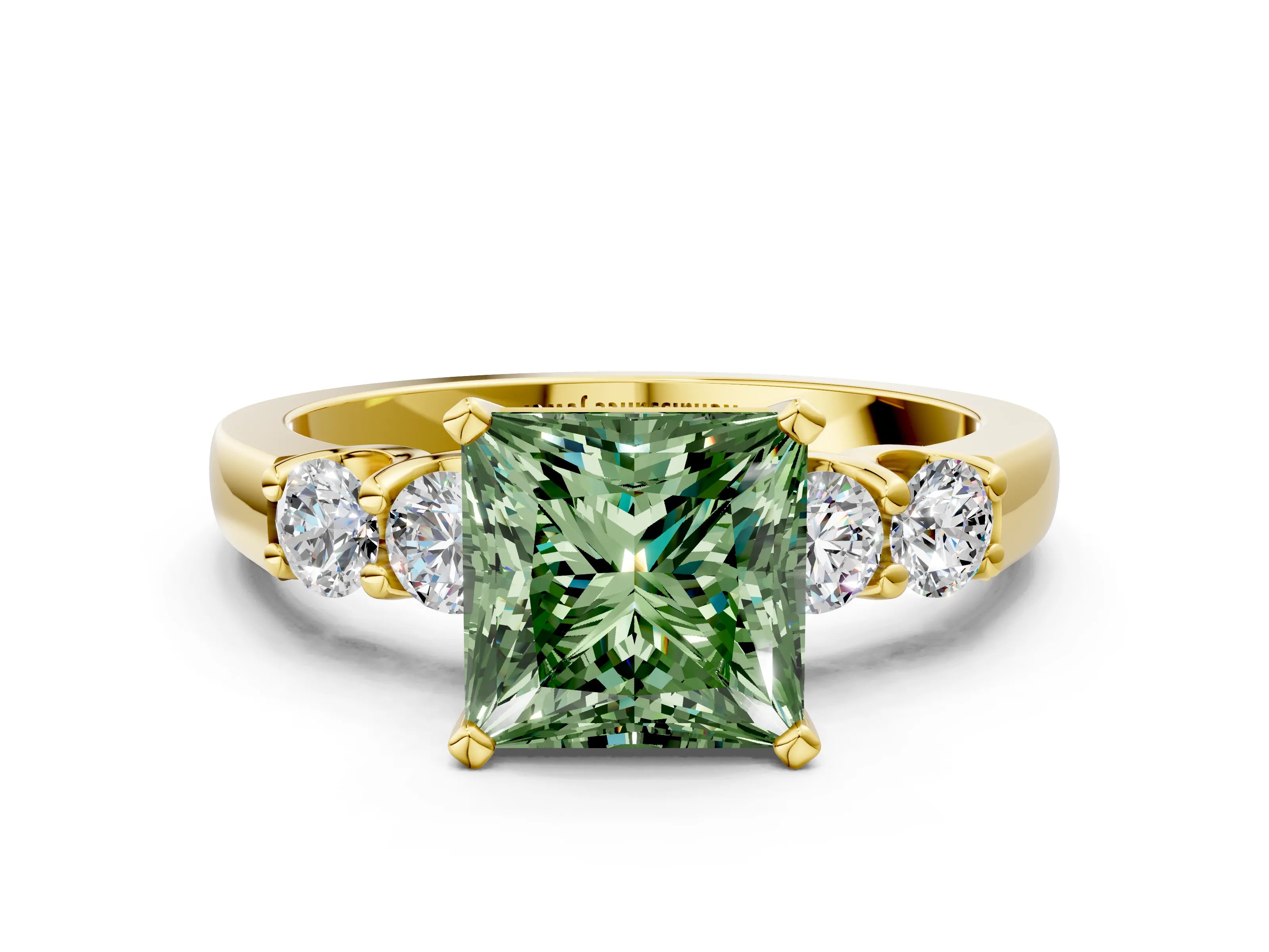 Yellow gold Fancy Green Princess Cut Brilliant Diamond Five-Stone Engagement Ring with Prong Setting on a Classic Band_3