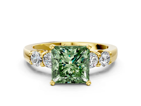 Yellow gold Fancy Green Princess Cut Brilliant Diamond Five-Stone Engagement Ring with Prong Setting on a Classic Band_3