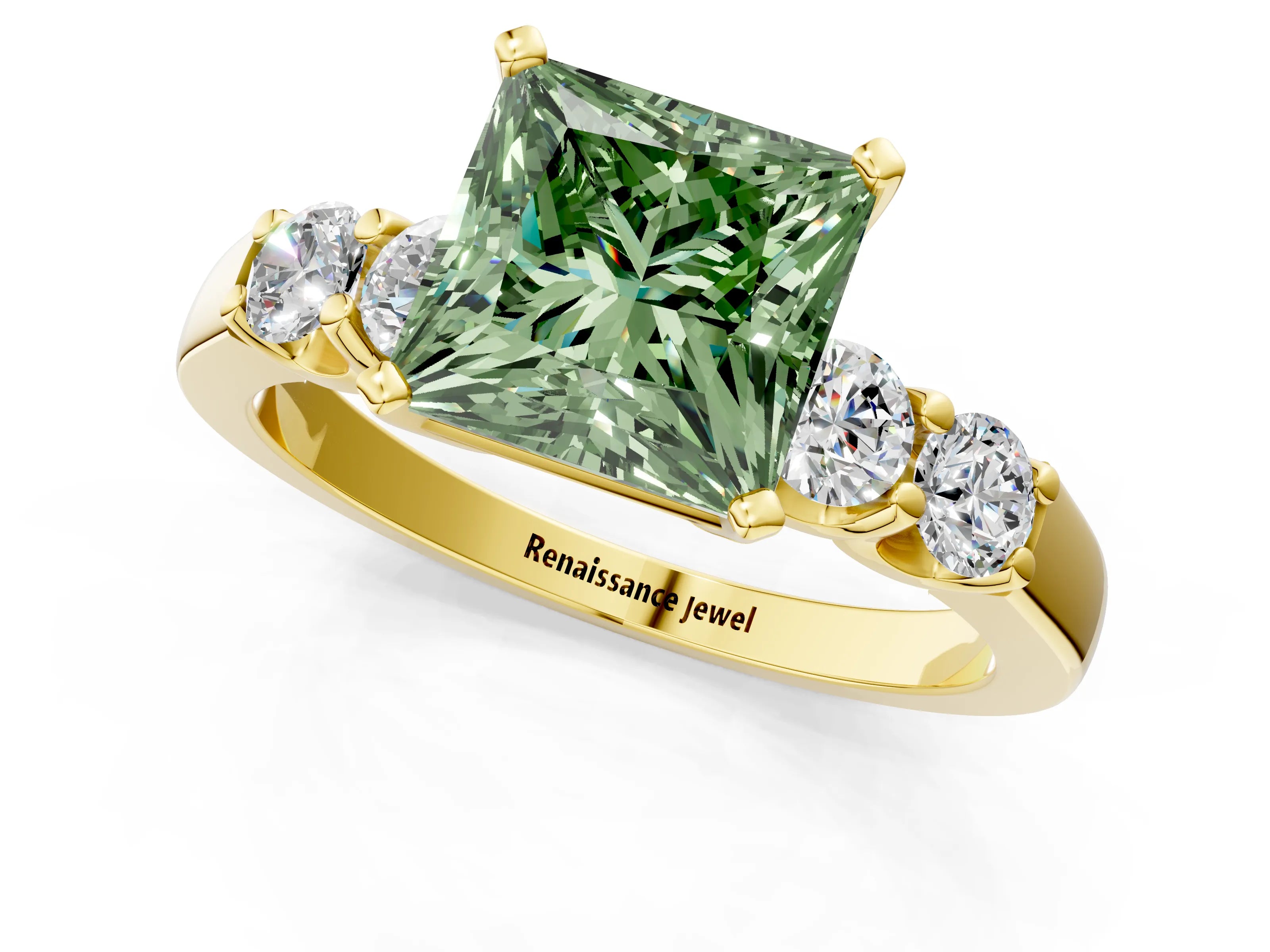 Yellow gold Fancy Green Princess Cut Brilliant Diamond Five-Stone Engagement Ring with Prong Setting on a Classic Band_4