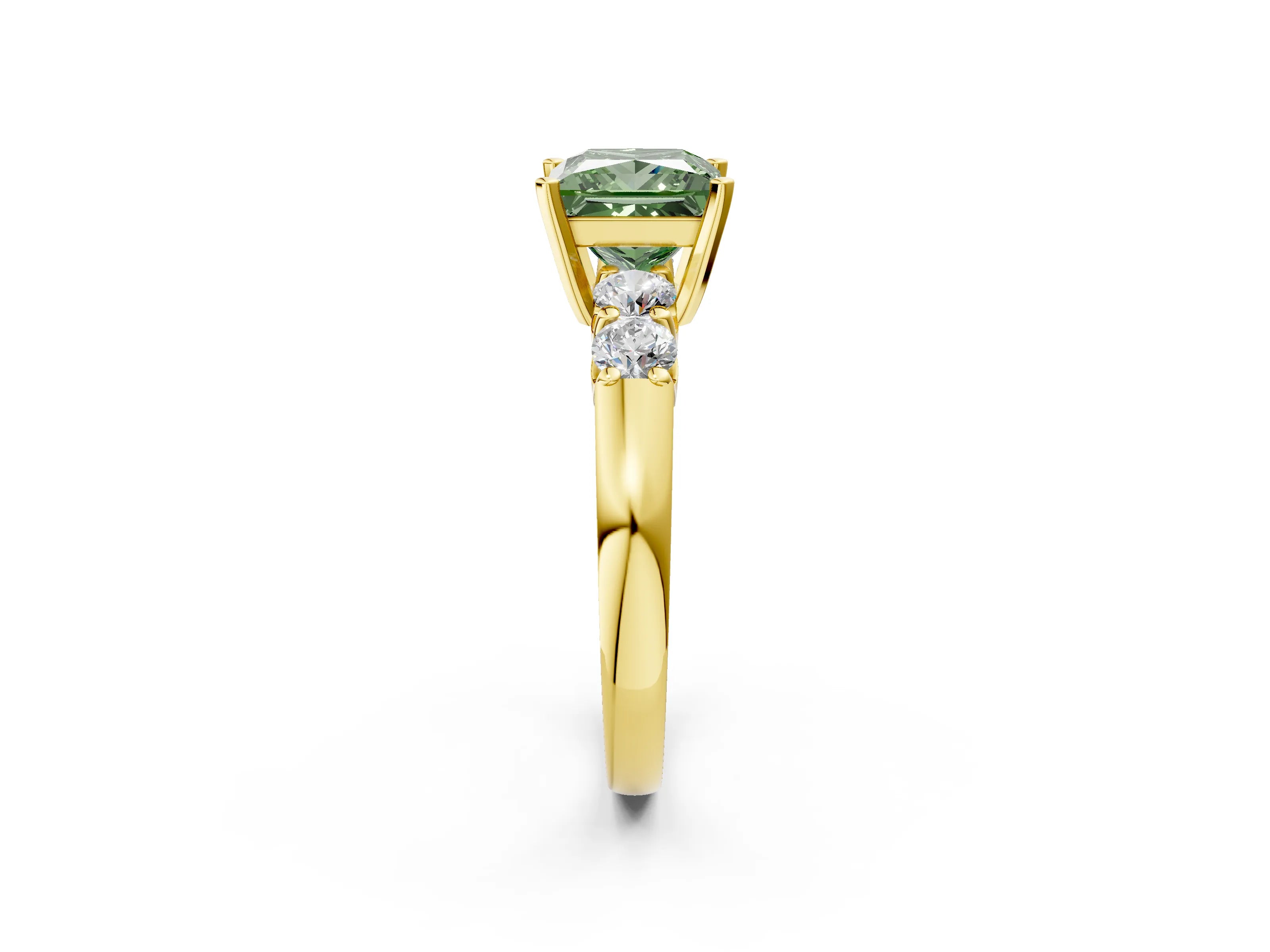 Yellow gold Fancy Green Princess Cut Brilliant Diamond Five-Stone Engagement Ring with Prong Setting on a Classic Band_5