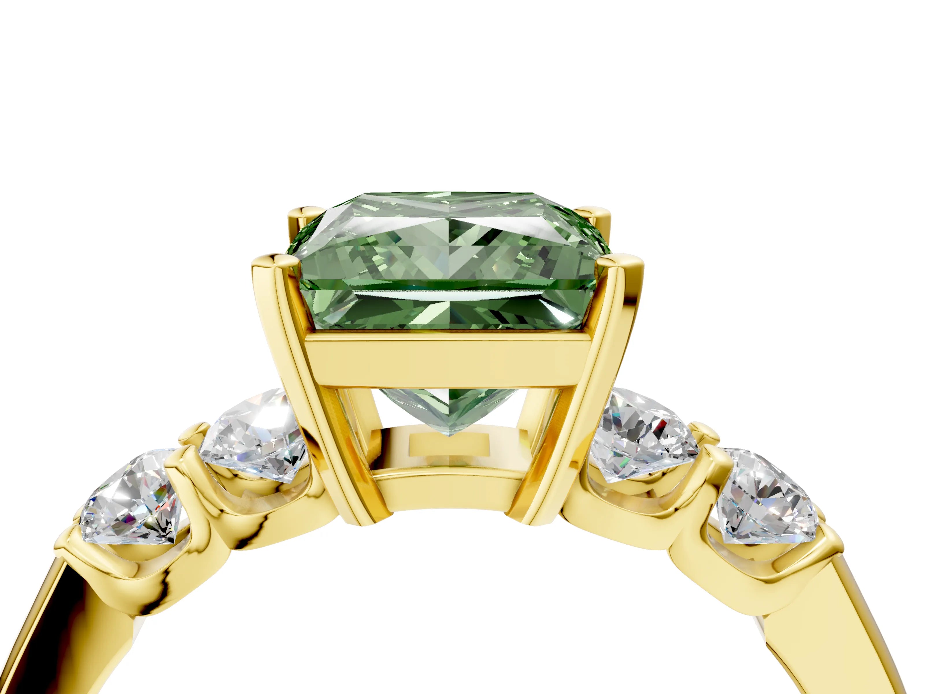 Yellow gold Fancy Green Princess Cut Brilliant Diamond Five-Stone Engagement Ring with Prong Setting on a Classic Band_7