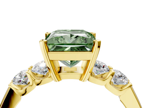 Yellow gold Fancy Green Princess Cut Brilliant Diamond Five-Stone Engagement Ring with Prong Setting on a Classic Band_7