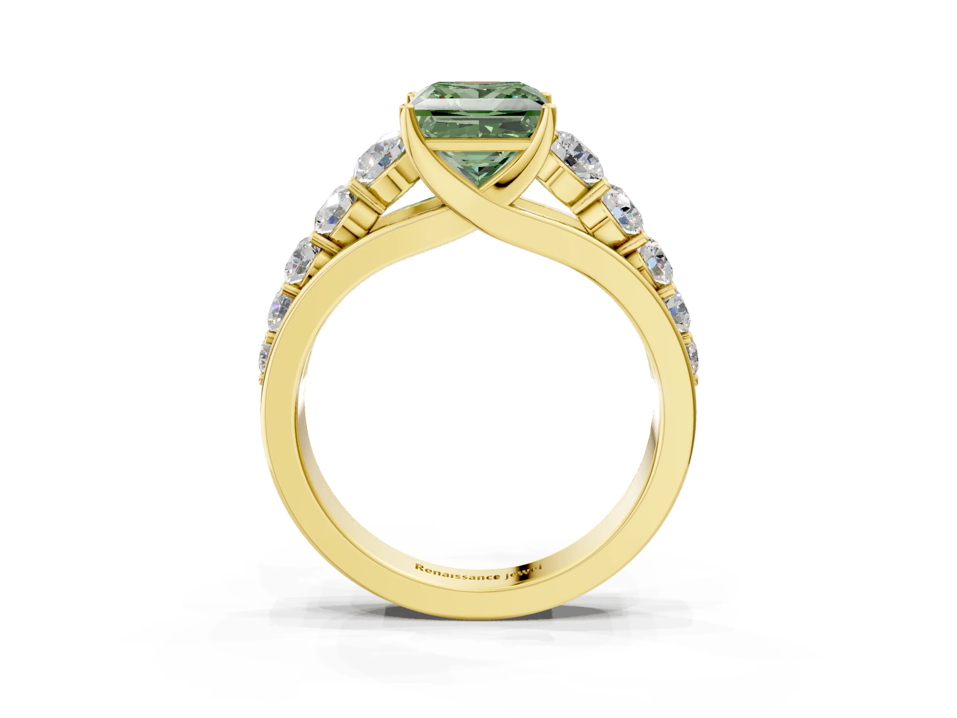 Yellow gold Fancy Green Princess Cut Brilliant Diamond Pavé Band with Six-Prong Setting_3