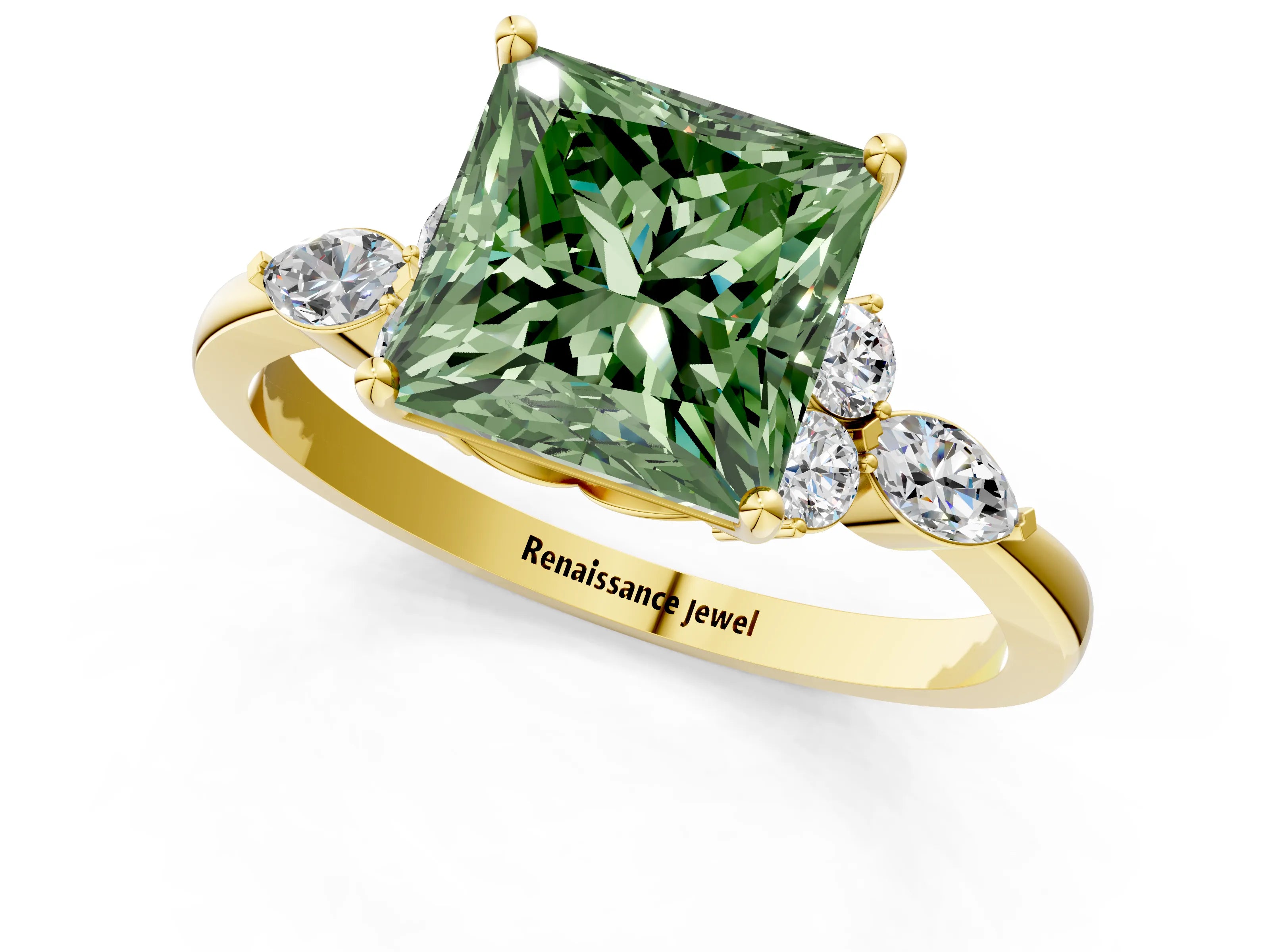 Yellow gold Fancy Green Princess Cut Brilliant Diamond Solitaire Ring with Pear Side Stones and Four-Prong Setting_4